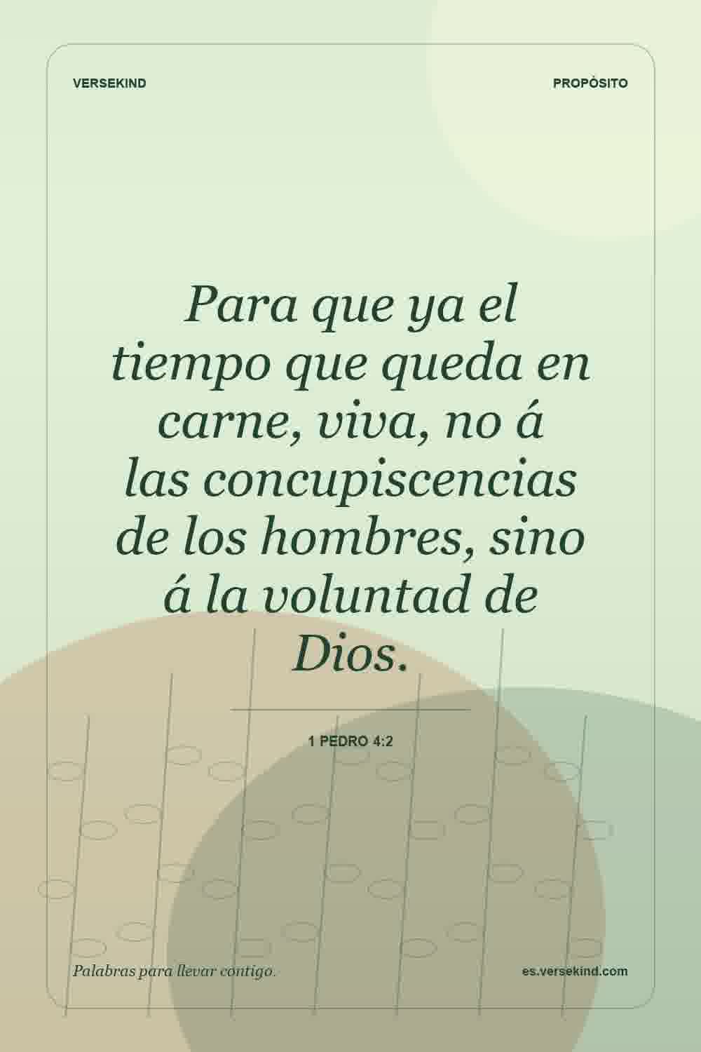Para que ya el tiempo que queda en carne, viva, no á las concupiscencias de los hombres, sino á la voluntad de Dios. — 1 Pedro 4:2