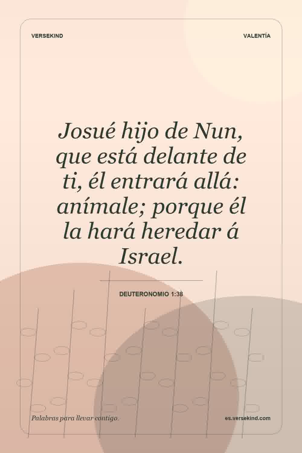 Josué hijo de Nun, que está delante de ti, él entrará allá: anímale; porque él la hará heredar á Israel. — Deuteronomio 1:38