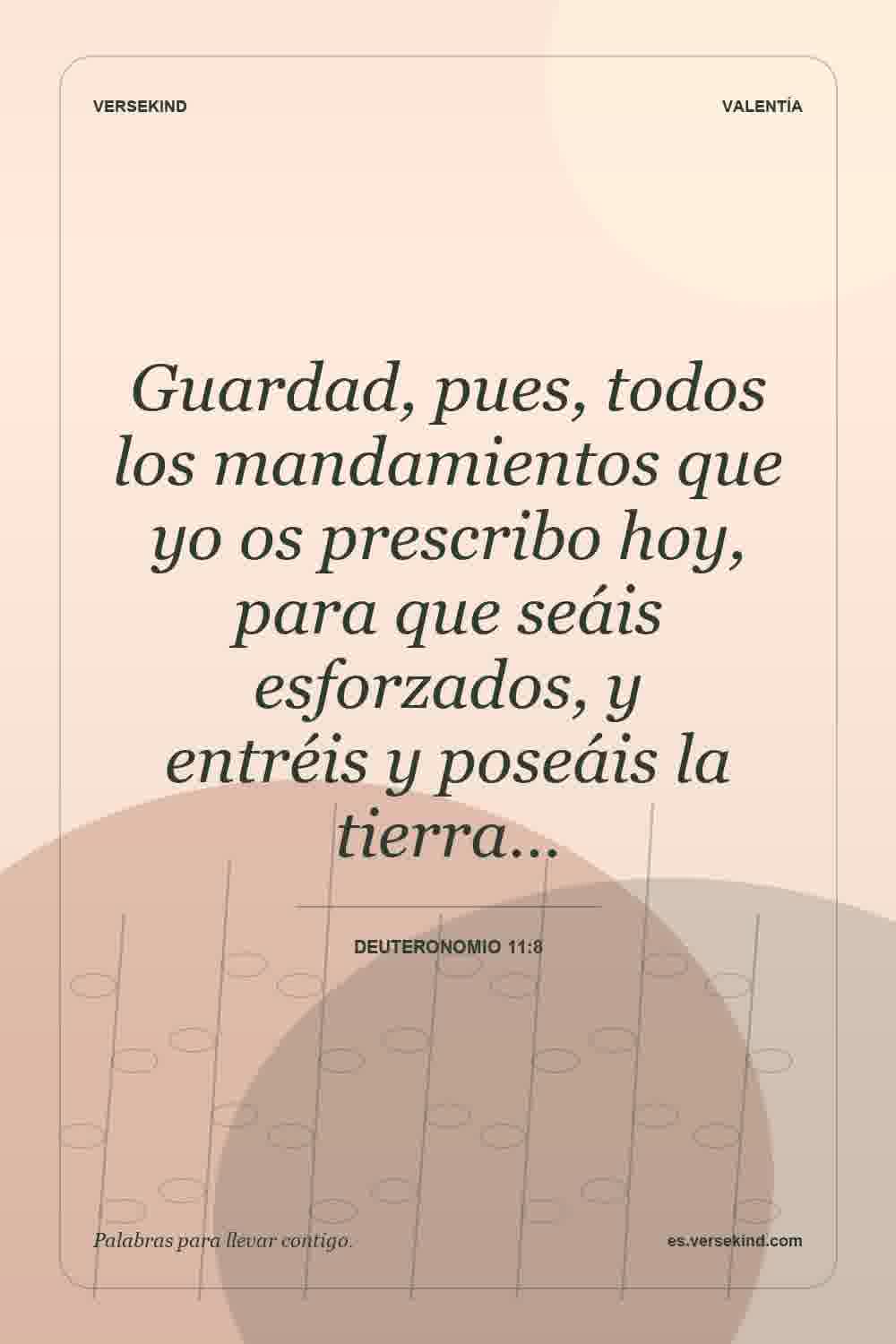 Guardad, pues, todos los mandamientos que yo os prescribo hoy, para que seáis esforzados, y entréis y poseáis la tierra… — Deuteronomio 11:8