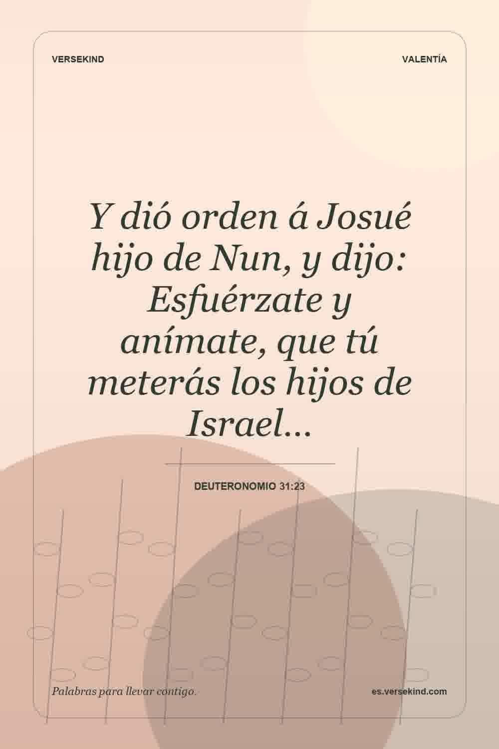 Y dió orden á Josué hijo de Nun, y dijo: Esfuérzate y anímate, que tú meterás los hijos de Israel… — Deuteronomio 31:23