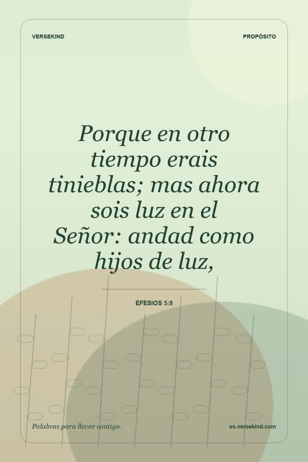 Porque en otro tiempo erais tinieblas; mas ahora sois luz en el Señor: andad como hijos de luz, — Efesios 5:8
