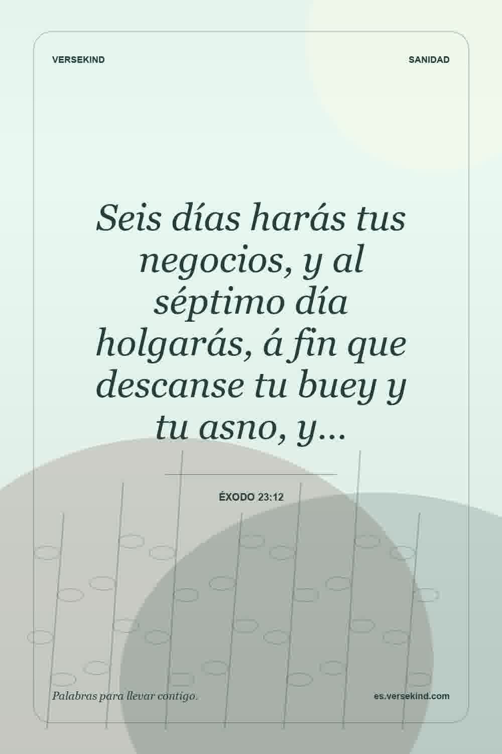 Seis días harás tus negocios, y al séptimo día holgarás, á fin que descanse tu buey y tu asno, y… — Éxodo 23:12