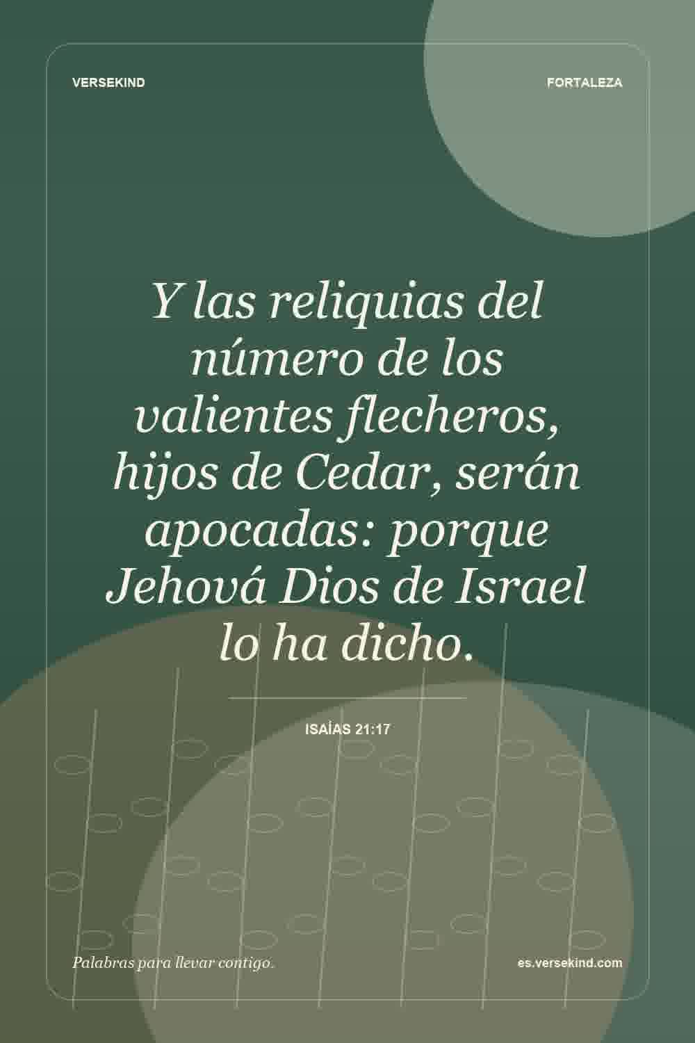 Y las reliquias del número de los valientes flecheros, hijos de Cedar, serán apocadas: porque Jehová Dios de Israel lo ha dicho. — Isaías 21:17