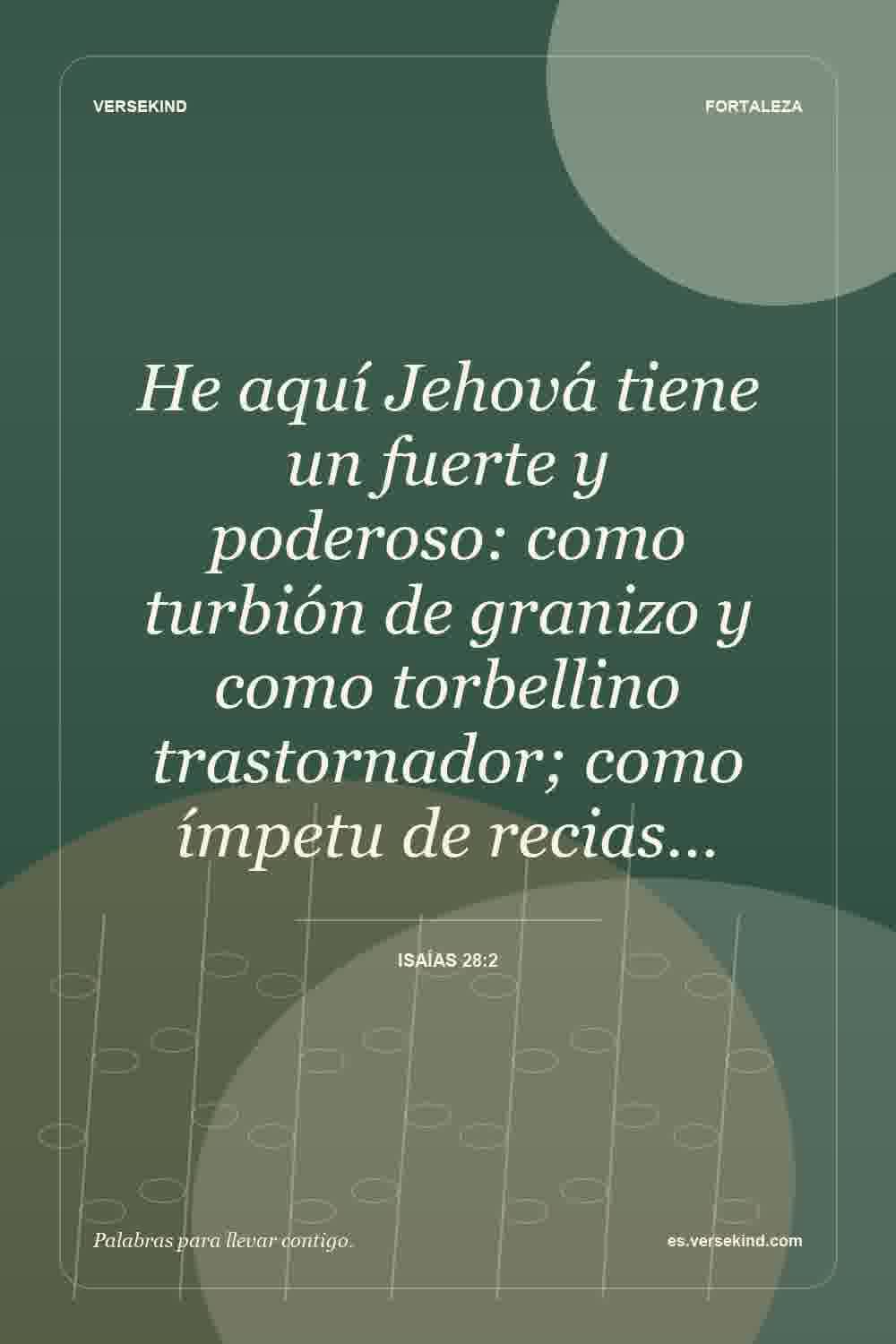 He aquí Jehová tiene un fuerte y poderoso: como turbión de granizo y como torbellino trastornador; como ímpetu de recias… — Isaías 28:2
