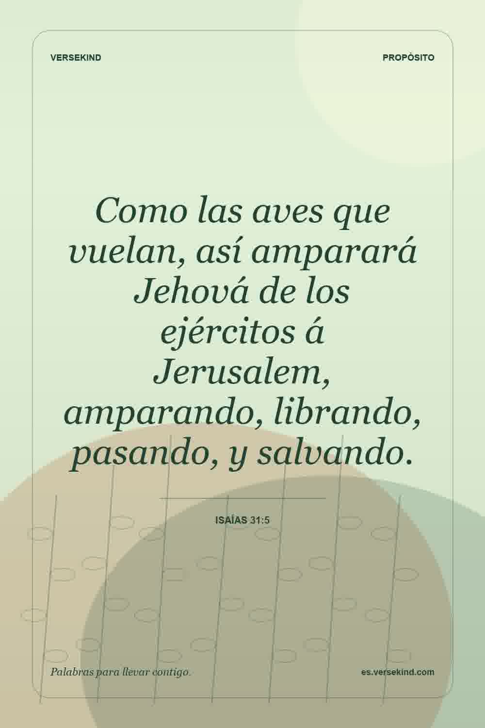 Como las aves que vuelan, así amparará Jehová de los ejércitos á Jerusalem, amparando, librando, pasando, y salvando. — Isaías 31:5