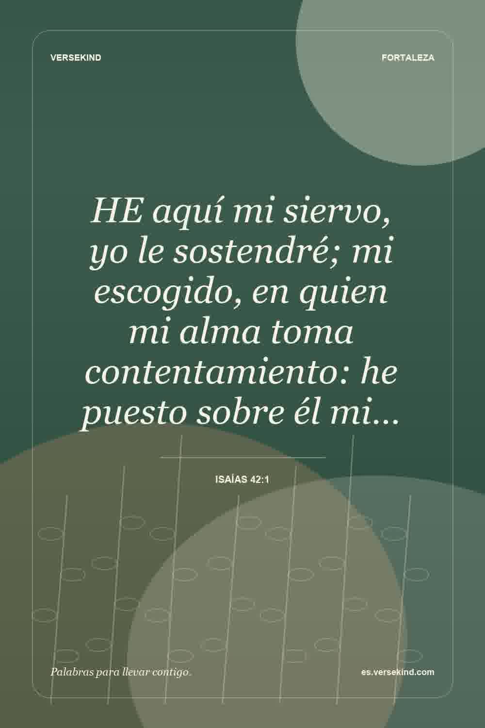 HE aquí mi siervo, yo le sostendré; mi escogido, en quien mi alma toma contentamiento: he puesto sobre él mi… — Isaías 42:1