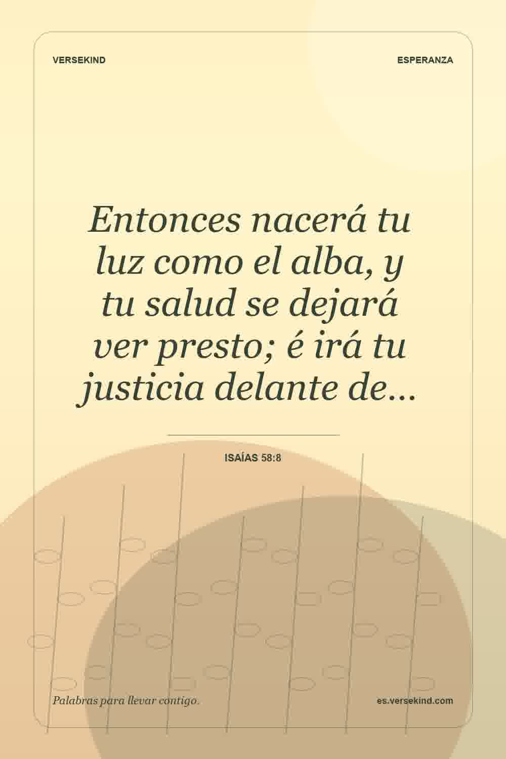 Entonces nacerá tu luz como el alba, y tu salud se dejará ver presto; é irá tu justicia delante de… — Isaías 58:8