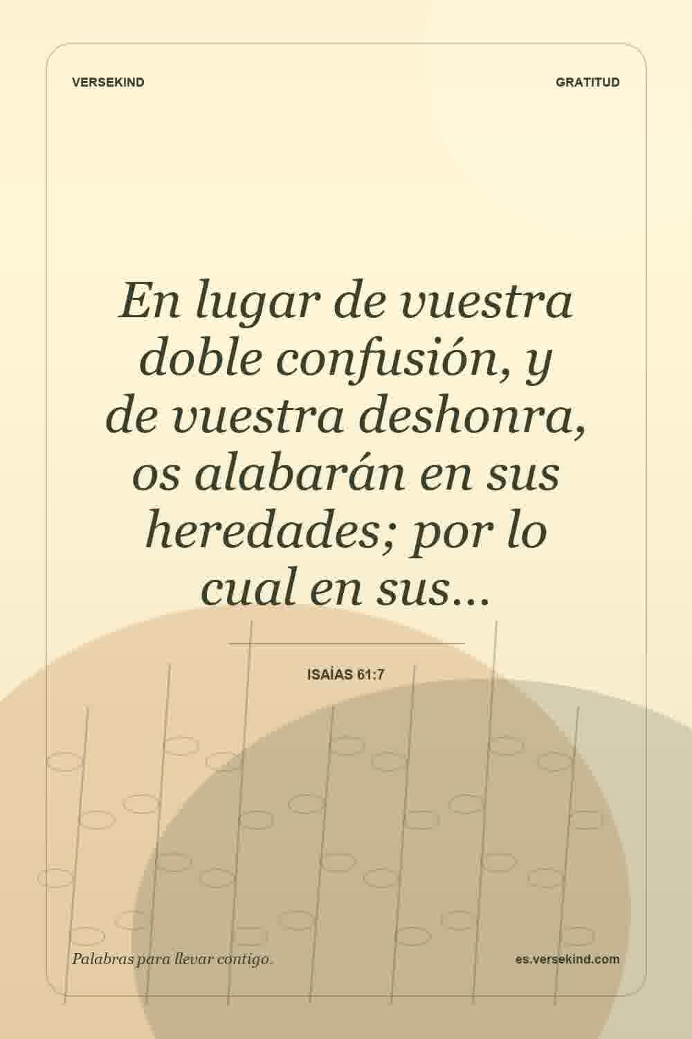 En lugar de vuestra doble confusión, y de vuestra deshonra, os alabarán en sus heredades; por lo cual en sus… — Isaías 61:7
