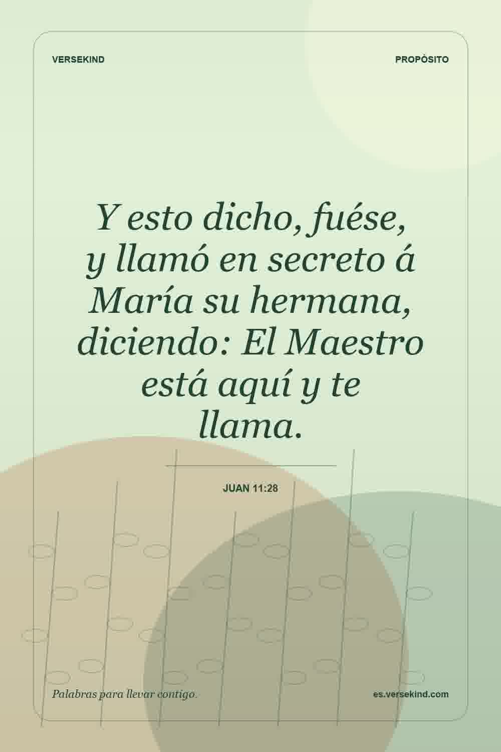 Y esto dicho, fuése, y llamó en secreto á María su hermana, diciendo: El Maestro está aquí y te llama. — Juan 11:28