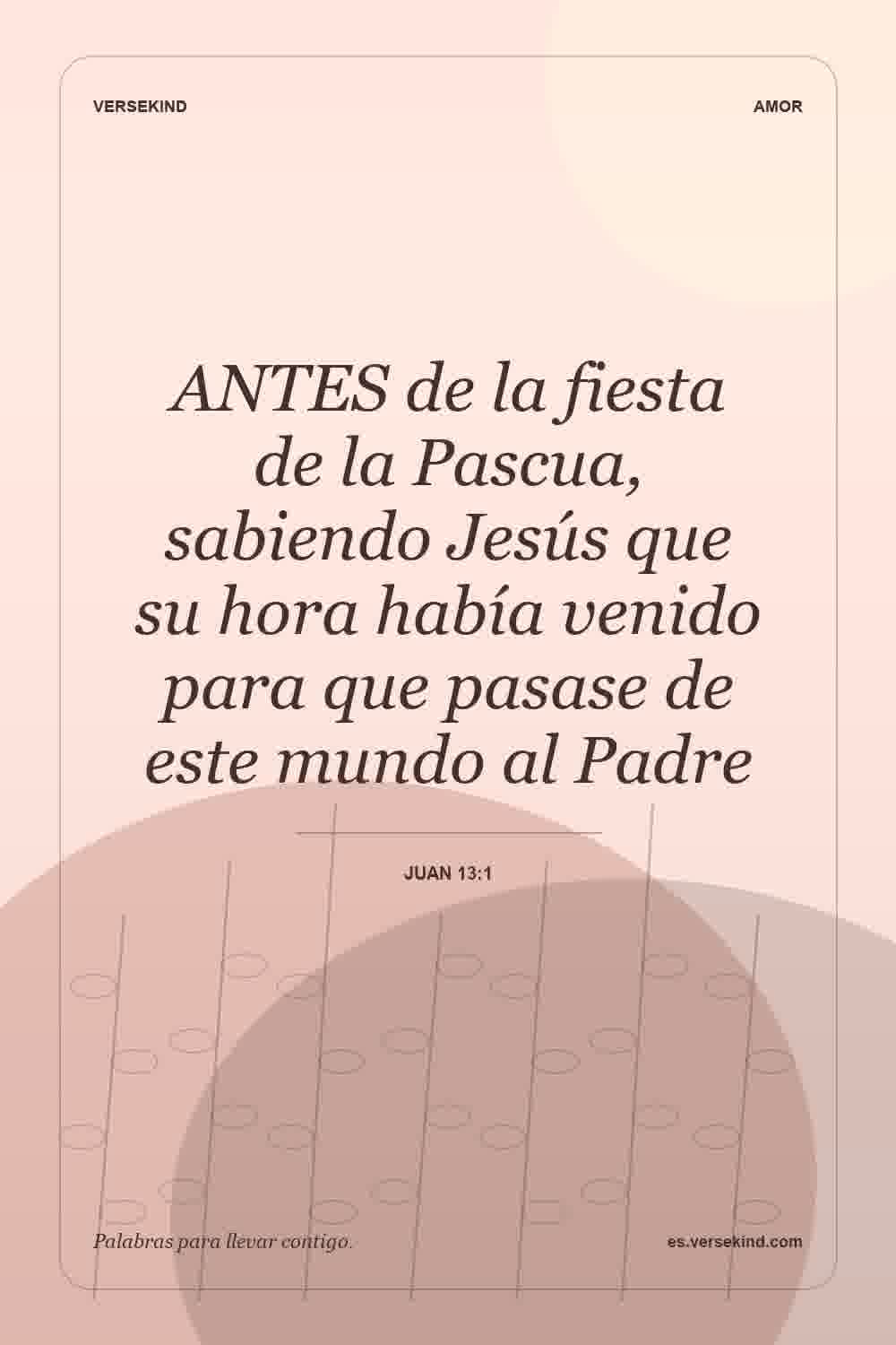 ANTES de la fiesta de la Pascua, sabiendo Jesús que su hora había venido para que pasase de este mundo al Padre — Juan 13:1