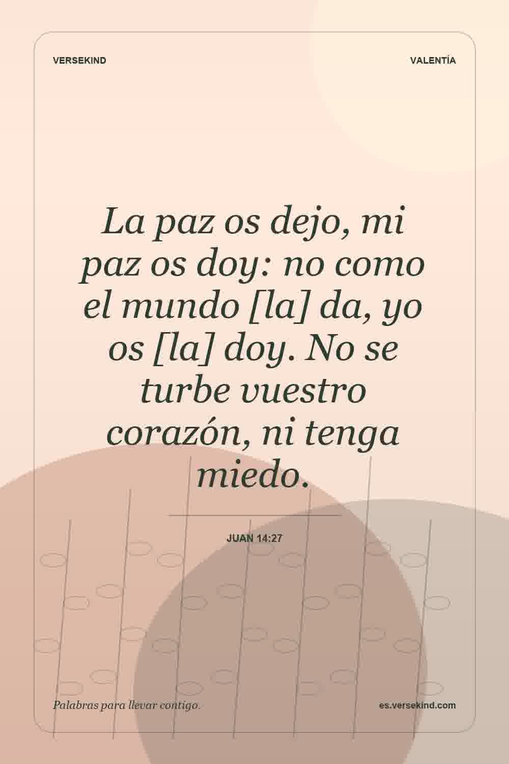 La paz os dejo, mi paz os doy: no como el mundo [la] da, yo os [la] doy. No se turbe vuestro corazón, ni tenga miedo. — Juan 14:27