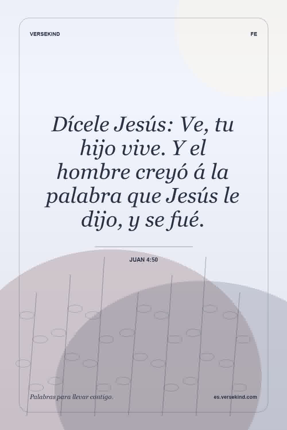 Dícele Jesús: Ve, tu hijo vive. Y el hombre creyó á la palabra que Jesús le dijo, y se fué. — Juan 4:50