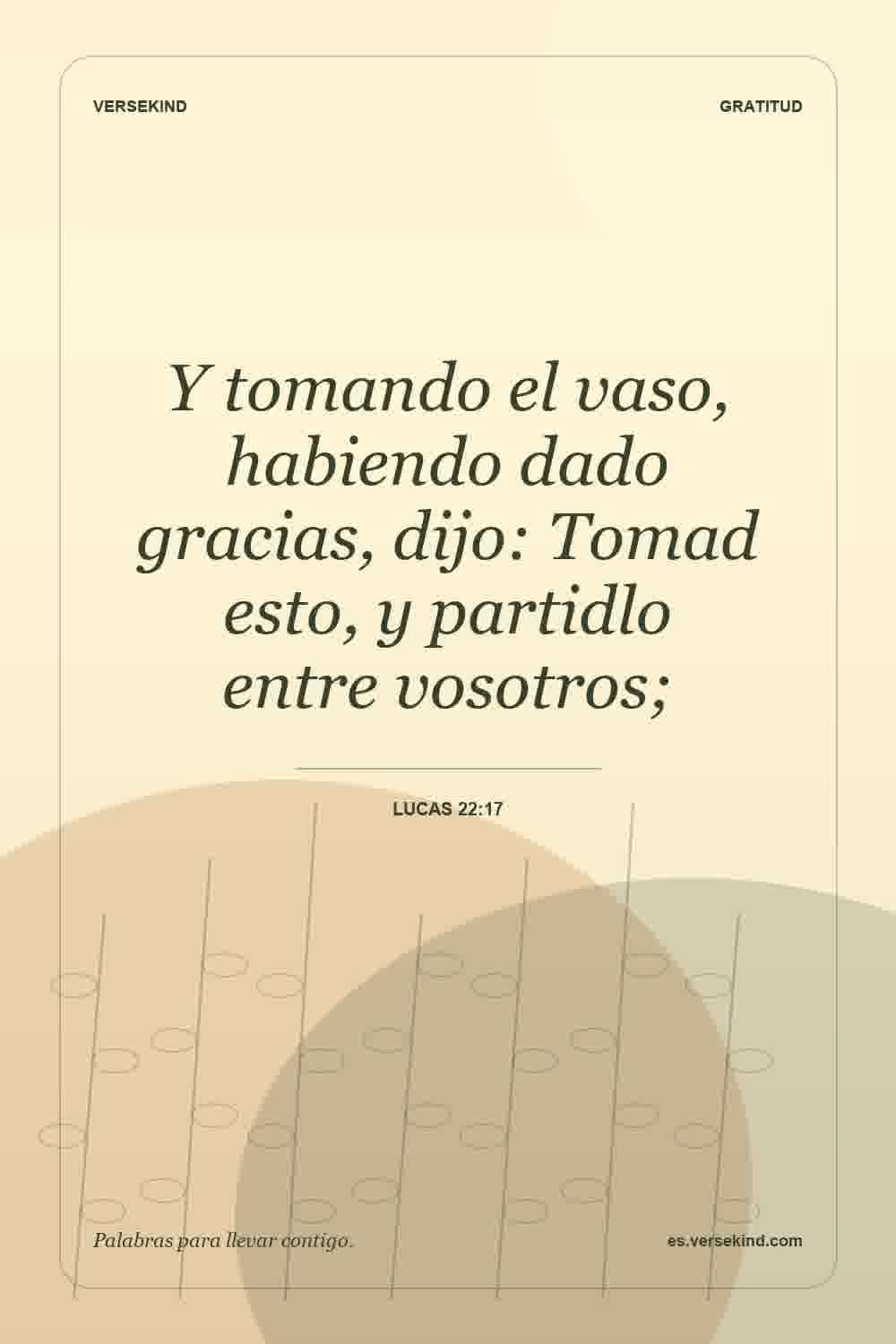 Y tomando el vaso, habiendo dado gracias, dijo: Tomad esto, y partidlo entre vosotros; — Lucas 22:17