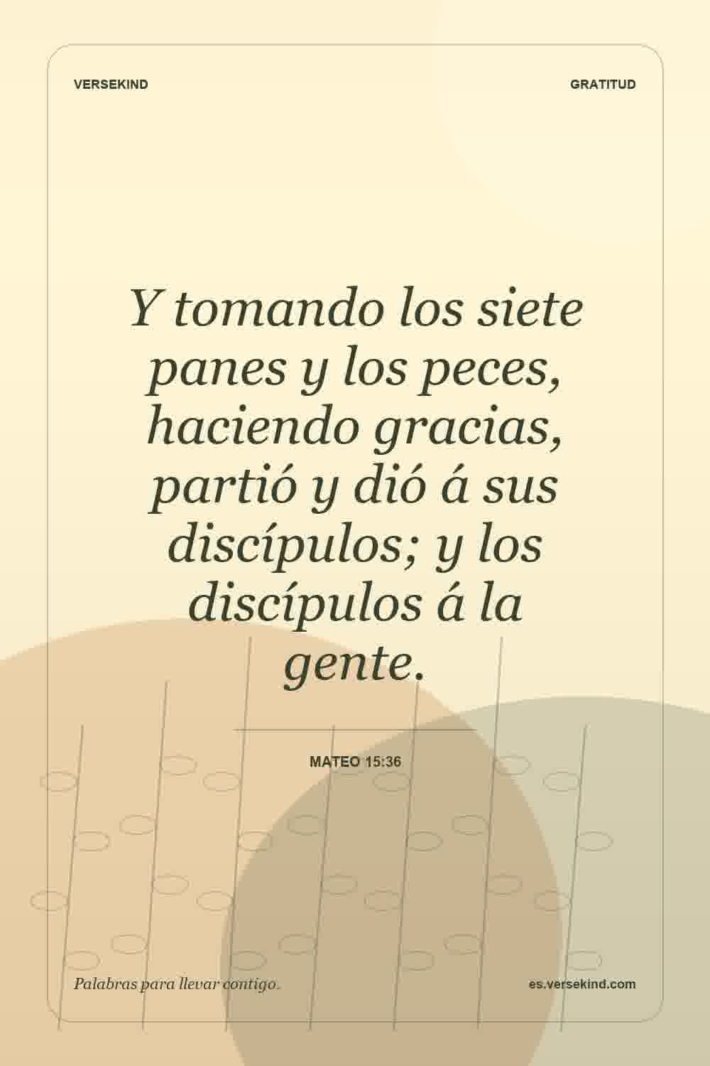 Y tomando los siete panes y los peces, haciendo gracias, partió y dió á sus discípulos; y los discípulos á la gente. — Mateo 15:36