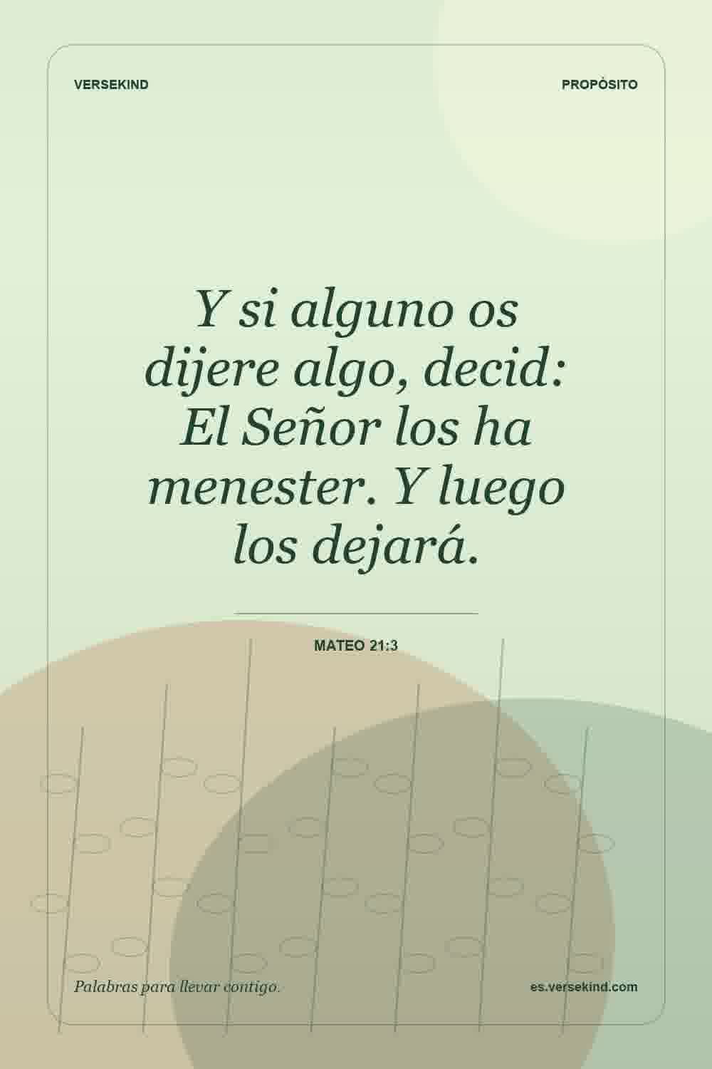 Y si alguno os dijere algo, decid: El Señor los ha menester. Y luego los dejará. — Mateo 21:3