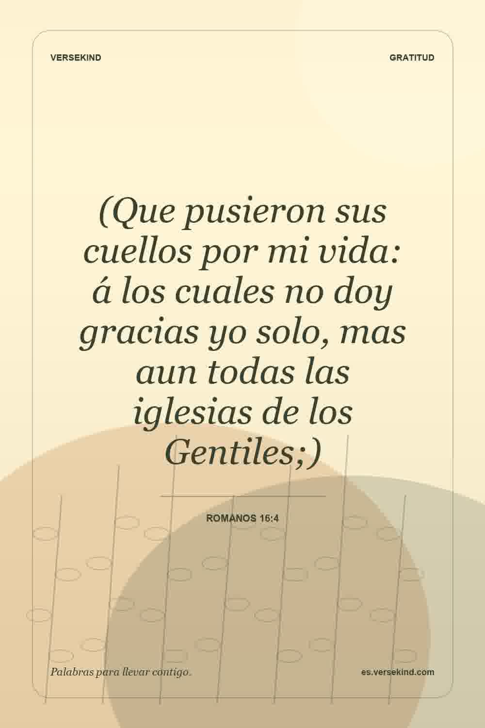 (Que pusieron sus cuellos por mi vida: á los cuales no doy gracias yo solo, mas aun todas las iglesias de los Gentiles;) — Romanos 16:4