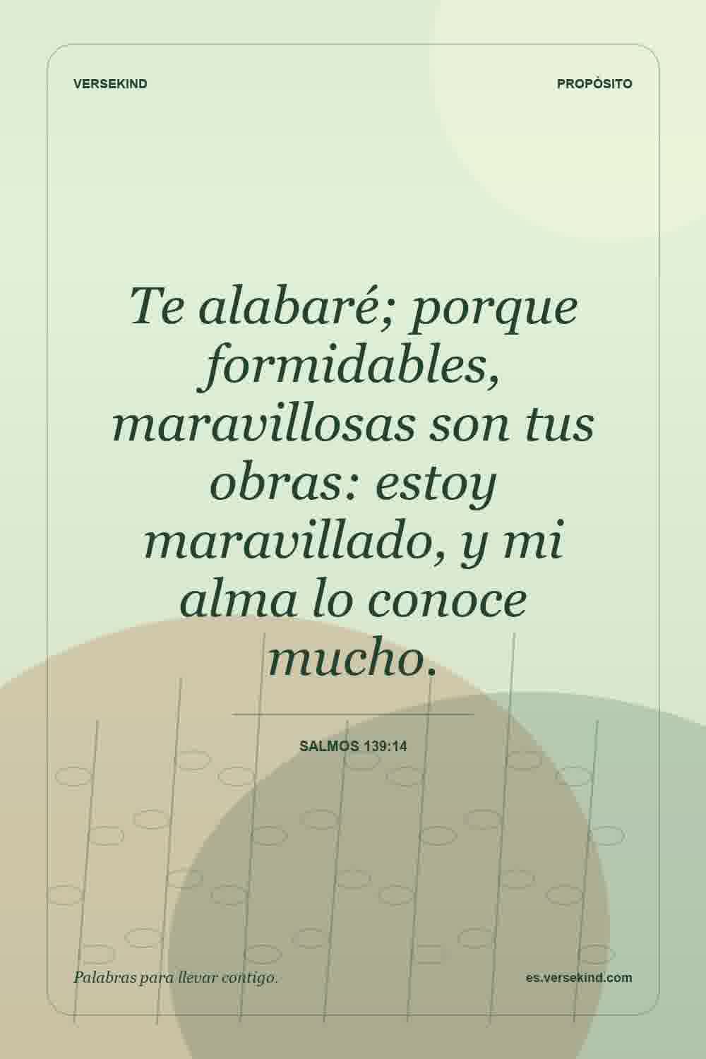 Te alabaré; porque formidables, maravillosas son tus obras: estoy maravillado, y mi alma lo conoce mucho. — Salmos 139:14