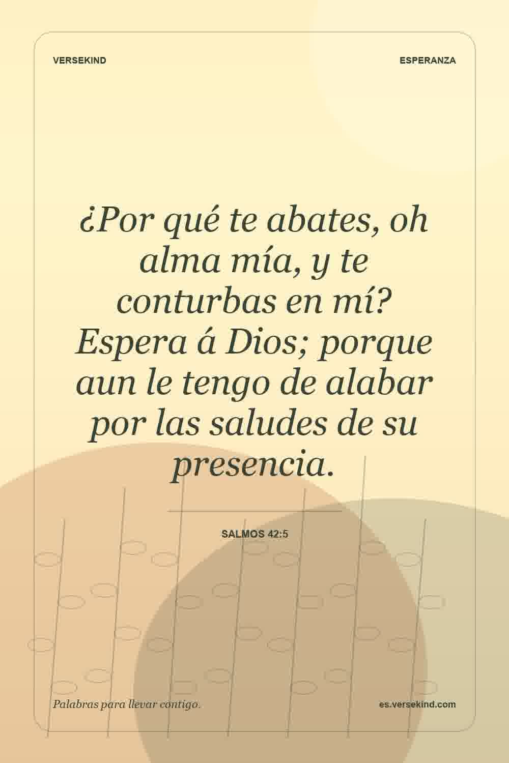 ¿Por qué te abates, oh alma mía, y te conturbas en mí? Espera á Dios; porque aun le tengo de alabar por las saludes de su presencia. — Salmos 42:5