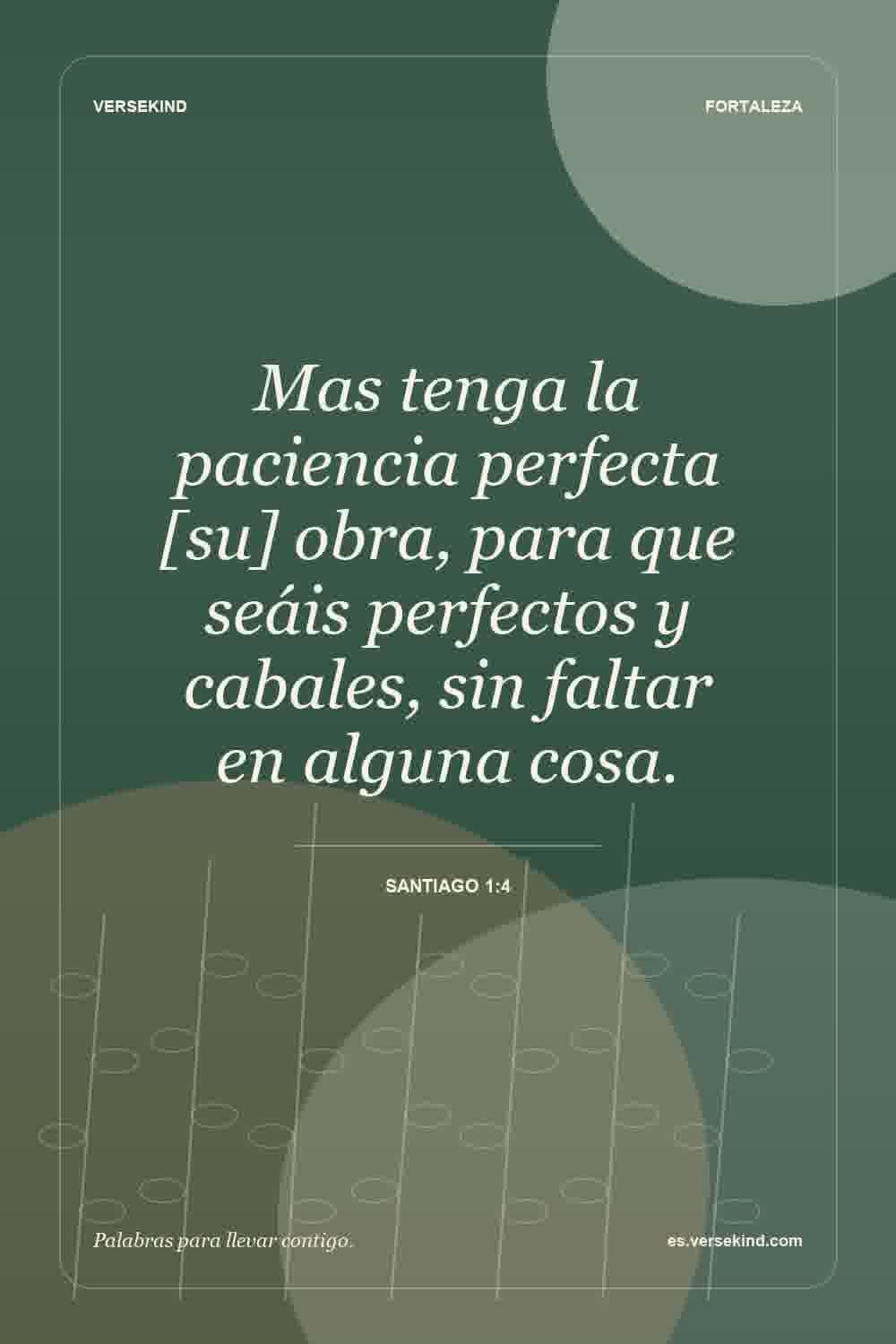 Mas tenga la paciencia perfecta [su] obra, para que seáis perfectos y cabales, sin faltar en alguna cosa. — Santiago 1:4